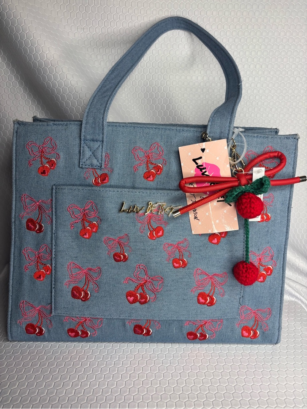 Betsy Johnson Blue Denim Cherry Tote Bag NWT
